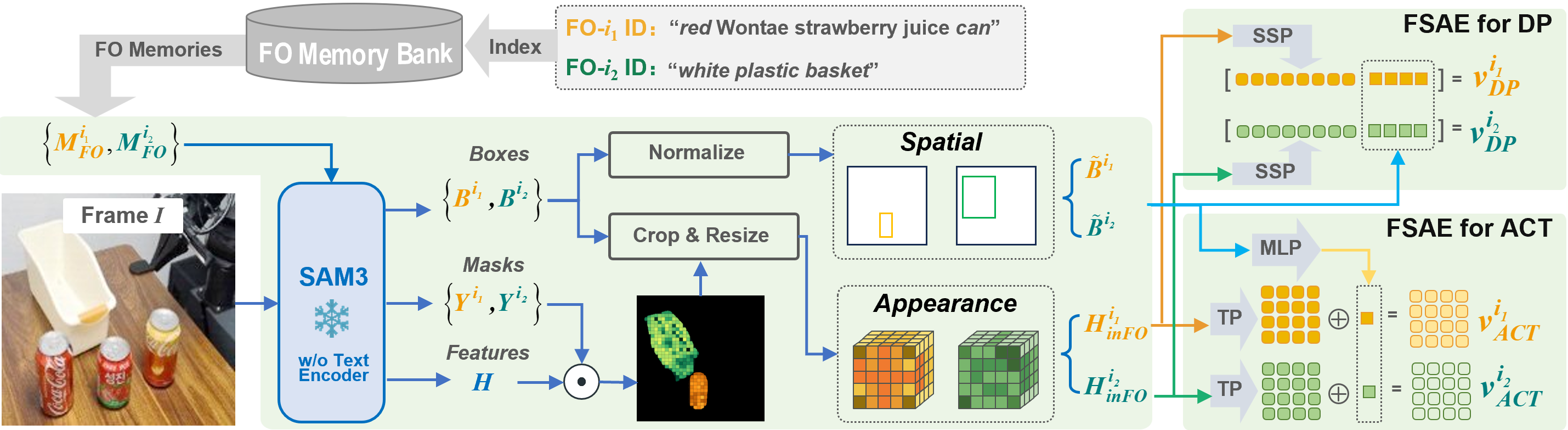 Focused Spatial-Appearance Encoding: retrieved FO memories prompt frozen SAM3 to extract boxes, masks, and FPN features, which form spatial and appearance conditions for DP and ACT.